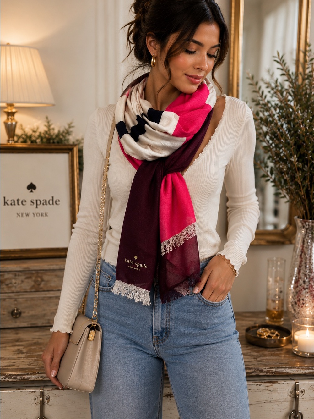 kate spade Pink, Burgundy & Cream Colorblock Fringe Scarf